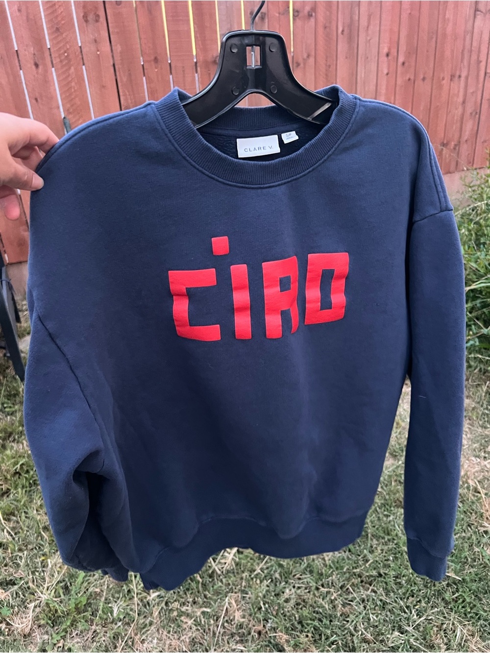 Clare V Navy Crewneck Sweatshirt with Red Chest Logo
